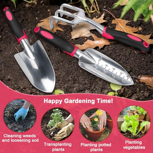 Garden Tools Set, 3 Pack Garden Shovel, Transplant Trowel and Hand Rake Red - view 7