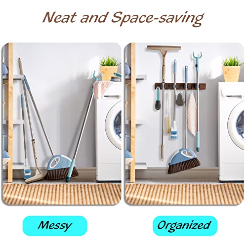 Mop and Broom Holder Wall Mount - Wood Broom Mop Hanger - Wall Mounted Garden Tool Rack Organizer for Closet Garage Laundry Room, Rustic Kitchen Decor With 4 Slots & 4 Hooks - view 3