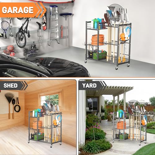 Garden Tool Stand with Wheels, Rakes Shovels Holder Yard Tools Organizer for Garage, Garden, Shed Indoor/Outdoor Long-Handled Tools Cart(Tool stand with side shelves) - view 2