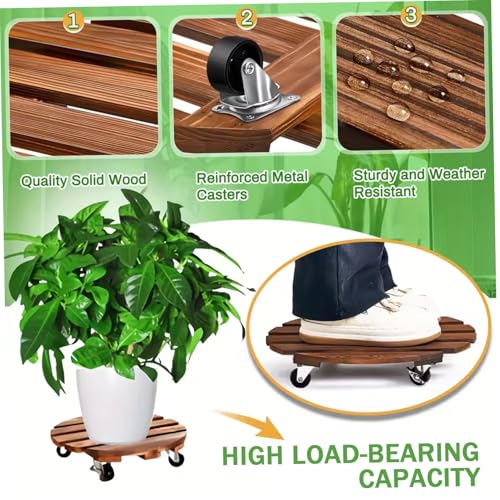 2Pcs Plant Caddy with Wheels 12" Wooden Plant Caddy with Lockable Casters - view 3