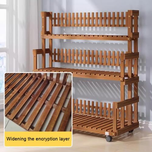 Adjustable 3-Tier Wooden Plant Ladder Shelf with 6 Wheels - Indoor/Outdoor Flower Pot Display Rack - Versatile Garden Organizer for Home Decor and Plant Care - view 2