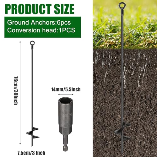 6 Pcs 30 Inch Long Spiral Ground Anchor Heavy Duty for Hard Soil (Black) - view 2