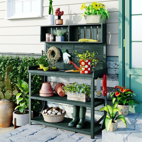 Potting Bench with Storage Shelves, Gardening Workstation for Backyard
