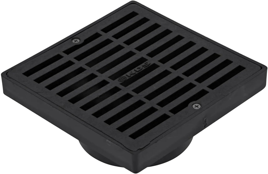 640 6-Inch Square Grate with Low-Profile Adapter Drain, Connects to 3-Inch and 4-Inch Drain Pipes and Fittings, for Small Lawns, Landscaping and Patios, Plastic, Black
