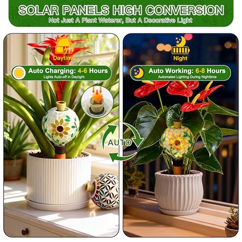 Mosaic Plant Watering Globe with Terracotta Spike,Self-Watering Irrigation for Potted Plants,Sunflower-Inspired Mosaic with Solar Accent Light, Indoor & Outdoor Décor, 17oz - view 3