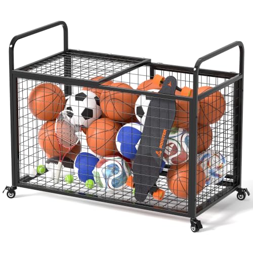 Ball Cart Storage for Garage Compatible with Optional Divider, Extra Large Basketball Cage Bin for Indoor Outdoor, Heavy Duty Sports Equipment Organizer for Gym, School,Club