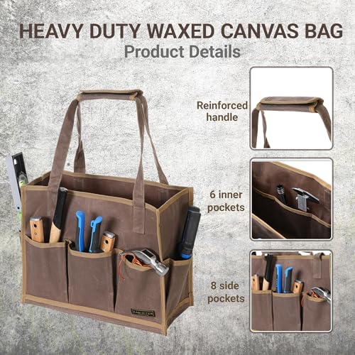 Heavy-Duty Waxed Canvas Tool Pouch - 14-Pocket Garden Tool Organizer with Removable Handle | Multi-Compartment Storage Bag for Tools (14.5" x 11" x 6.5", Grey) - view 3