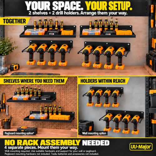 Power Tool Organizer with Charging Station,Drill Holder Wall Mount,Garage Storage Shelves for Organization and Storage,Heavy Duty Pegboard Wall Organizer Set Solid Metal Black 2 Pack 4 Set… - view 6