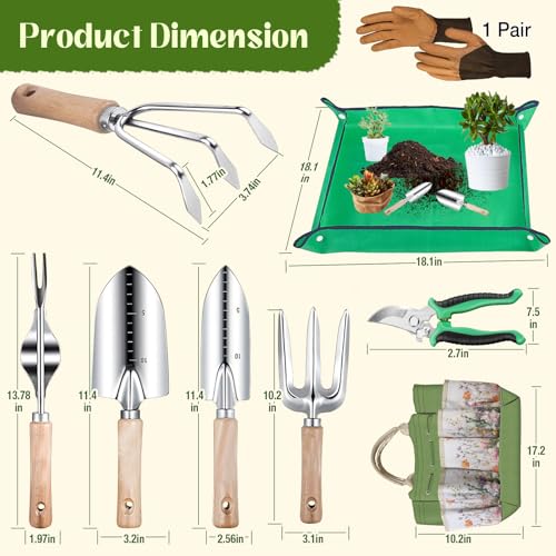 Garden Tools 9 Pcs Heavy Duty Gardening Tool Set Green Tote Bag Men Women - view 5