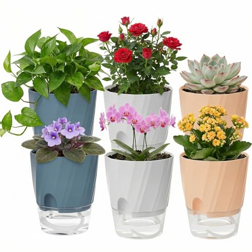 Self Watering Plant Pots 4.7 Inch, 6 Pack Plastic Indoor Planters Pots