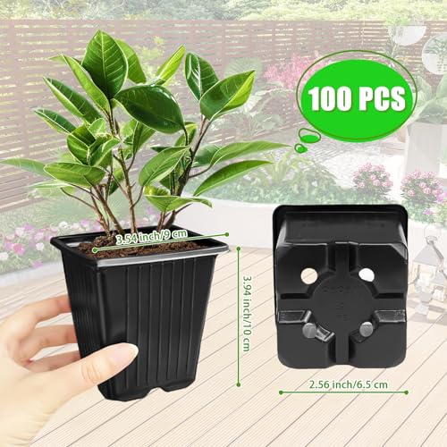 100Pcs Square Plant Nursery Pots,3.5 Inch Plastic Pots with Drainage Holes,Reusable Seed Starter Pots for Flowers,Vegetables,Garden Planting,Transplanting,Succulents,Cuttings(Black) - view 2