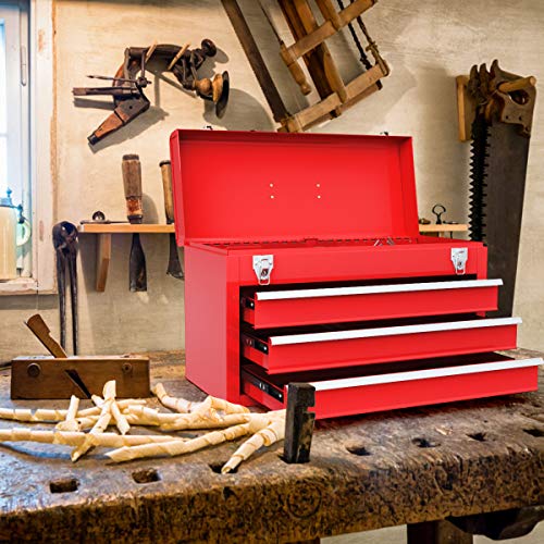 21-inche Tool Box, Portable 3 Drawer Steel Toolbox with Top Storage Tray & Carrying Handle, Double Latch System, Tool Storage Chest Hand Carry Tool Cases for Garage Trunk Household, Red - view 7