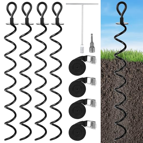 22.4 Inch Ground Anchor Screw in,4 Pack Trampoline Stakes Anchor Kit,Heavy Duty Spiral Windproof Tie Down Kit with T-Hook&Reinforced Safety Straps for Trampolines, Sheds, Playsets&Tents,Black