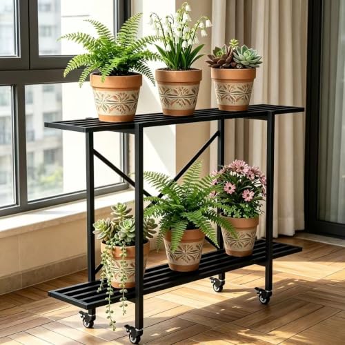 2 Tier Window Height Metal Plant Stand with wheels easy assembly