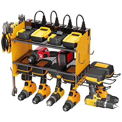 Modular Power Tool Organizer Wall Mount Charging Station, Black 6 Drills Holder with 8 Plug Power Strip 10FT, Garage Drill Battery Heavy Duty Metal Shelf, Utility Rack with Hooks, Side Storage. - view 7
