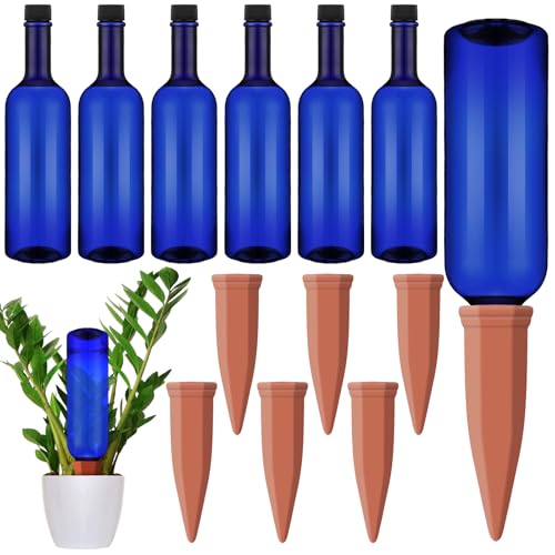 12 Pcs Watering Spikes for Indoor Plants Include Terracotta Self Watering Spikes Devices and 26 oz Plastic Bottles Slow Release Vacation Insert Automatic(Blue)
