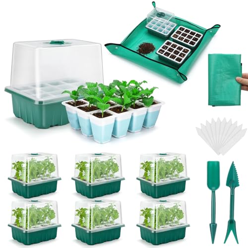 Reusable Seed Starter Tray with 72 Soft Silicone Cells, 6 Pack Seed Starter Kit with Repotting Mat, Humidity Dome and High Lid, Germination Trays for Indoor Greenhouse Seed Starter