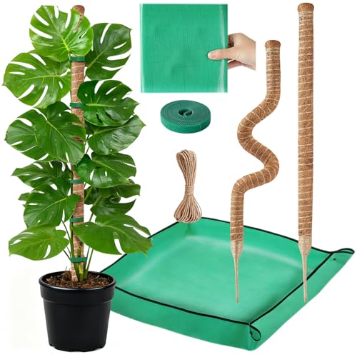 2 Pack Moss Pole Monstera Plant Support with Repotting Mat, 28 Inch Plant Support Stakes, Plant Sticks Support Tall for Indoor Potted Climbing Plants, Pothos, Philodendron