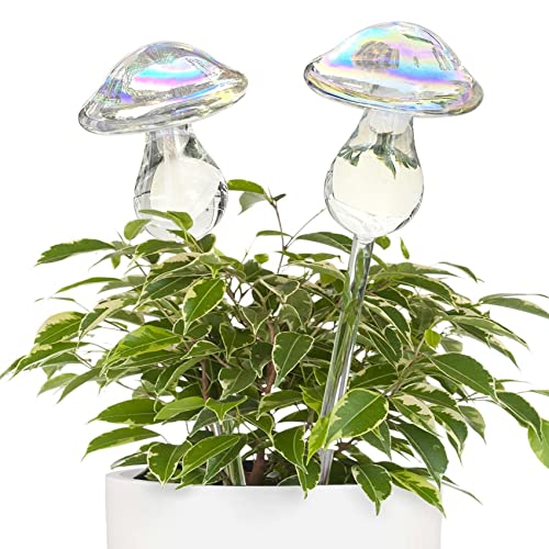 Iridescent Mushroom Self-Watering Globes for Plants - 2 Pack Automatic Plant Waterer Indoor/Outdoor, Plant Watering Devices with Continuous Moisture Supply, No Electricity Needed