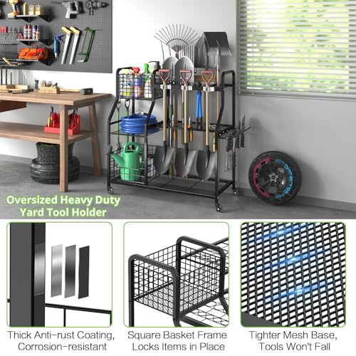 Garden Tool Holder Organizer with Heavy Duty Wheels for Garage - view 3