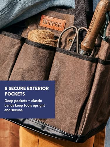 Waxed Canvas Garden Tool Tote | Heavy-Duty Tote Bag Storage Organizer for Gardening Tools | Great Gift for Gardeners | Canvas Tote Bag Caddy 8 Exterior Pockets for Tool Storage, 12" H x 14.5" W - view 3
