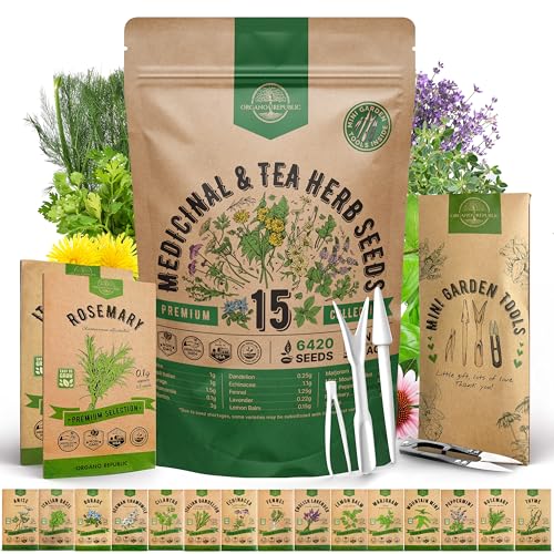 15 Medicinal & Tea Herb Seeds Variety Pack 6,420+ Non-GMO Heirloom Garden Seeds for Indoor & Outdoors, Including Anise, Borage, Cilantro, Chamomile, Dandelion, Rosemary Seeds