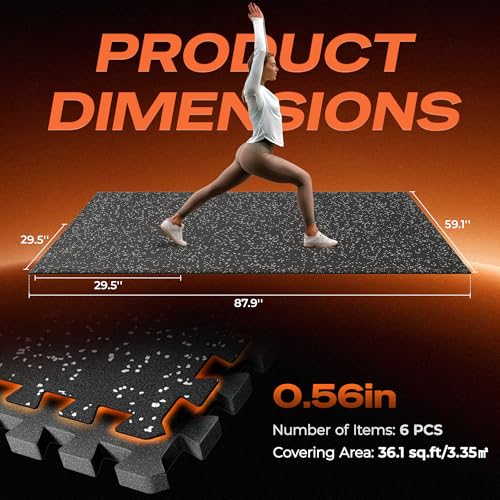 30" x 30" Larger Rubber Top Exercise Equipment Mats, 0.56" Thick 6PCS 37.5 Sq Ft High-Density EVA Foam Interlocking Gym Flooring, Big Workout Mat for Home Gym, Floor Protection, Black/Grey - view 4
