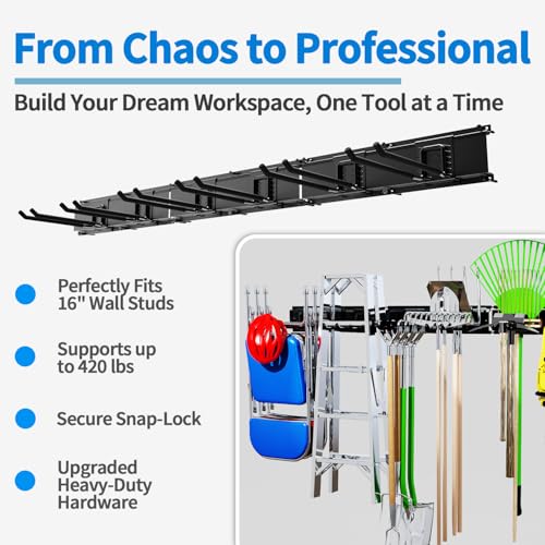 Garage Tool Organizer Wall Mount, 48" Heavy Duty Wall Tool Organizer Rack with 6 Hooks, Garage Storage Tools Hanger for Shovel, Rake, Folding Chair, Garden Tools, Lawn, Yard, Shed - view 2