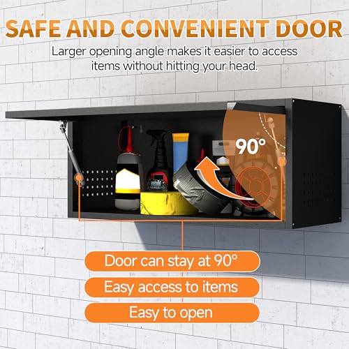 Metal Garage Wall Cabinet with Up-Flip Door,Wall-Mounted Steel Storage Cabinet, Float Tool Cabinet with Pegboard,Upper Cabinet for Kitchen,Garage,Workshop,Warehouse(13.8" H,Black) - view 4