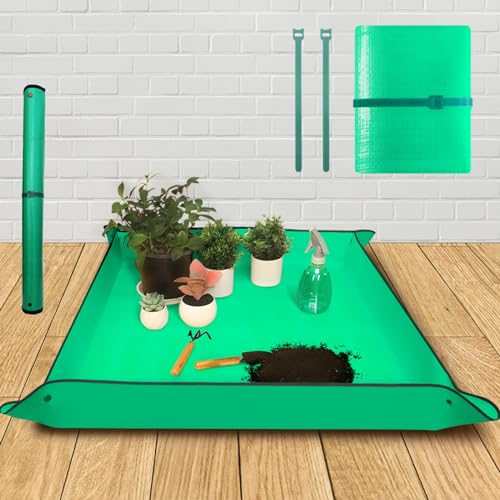 39.5" x 39.5" Extra Large Repotting Mat for Indoor Plants Transplanting and Mess Control, Waterproof Potting Soil Mat Portable Potting Tray Gardening Gift for Women, Green