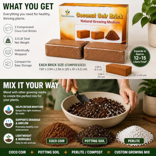 Coco Coir Bricks for Plants, 3.3 lb 2-Pack Compressed Coconut Coir, Natural Growing Medium for Potting Mix, Seed Starting, Raised Beds & Gardening (3.3 LB) - view 7