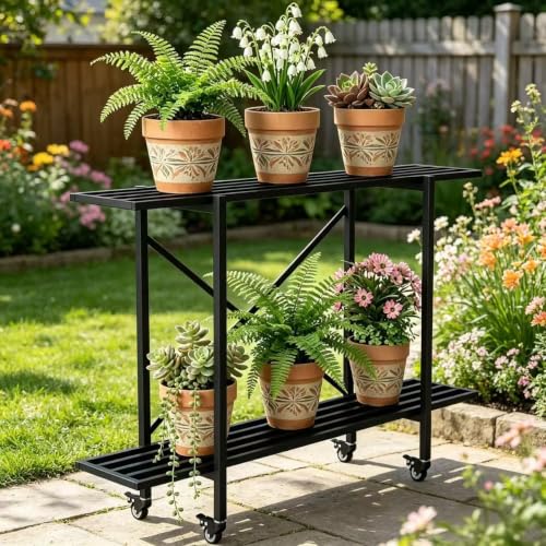 2 Tier Window Height Metal Plant Stand with wheels easy assembly - view 2