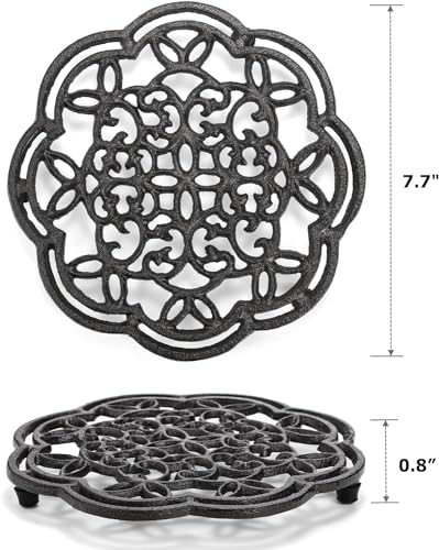 2 Pack Cast Iron Trivet Heavy Duty, 7.7 inch Round Metal Trivet for Hot Pans or Teapot, Rustproof Pot Stands Holders with Rubber Pegs for Countertop, Dining Table, Kitchen Farmhouse Decoration - view 2