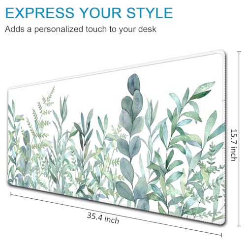 XXL Waterproof Office Desk Pad Protector 35.4x15.7 Inch - Extended Gaming Mouse Pad with Non-Slip Rubber Base, Thickened Keyboard Mat, Stitched Edges & Green Plants Design - view 4