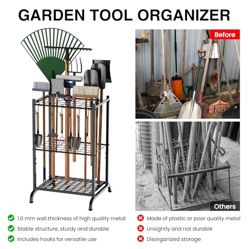 Garden Tool Organizer with Storage Hooks, Yard Tool Tower Rack for Garage Organization and Storage, Up to 35 Long-Handled Tools, Metal Tool Holder with 6 Hooks, Black - view 4