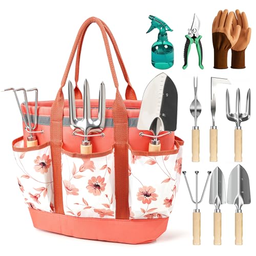 10Pcs Garden Tool Set, Rust-Proof Stainless Steel, Ash Wood Handles, Pink