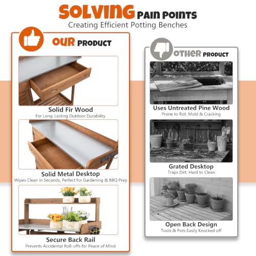 Outdoor Potting Bench with Metal Top, Sliding Drawer & Storage Shelves - view 5