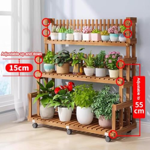 Adjustable 3-Tier Wooden Plant Ladder Shelf with 6 Wheels - Indoor/Outdoor Flower Pot Display Rack - Versatile Garden Organizer for Home Decor and Plant Care - view 4