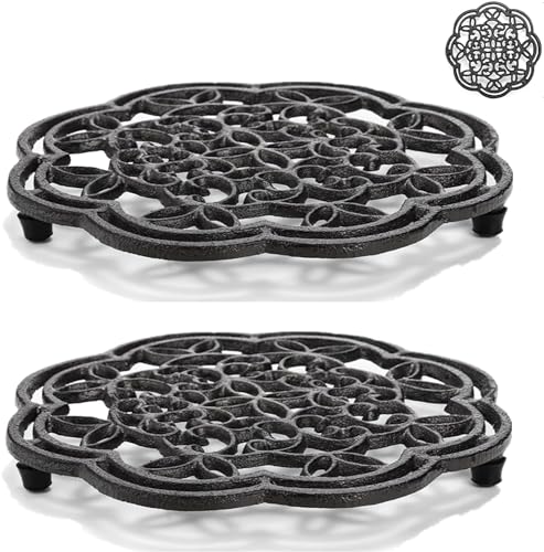 2 Pack Cast Iron Trivet Heavy Duty, 7.7 inch Round Metal Trivet for Hot Pans or Teapot, Rustproof Pot Stands Holders with Rubber Pegs for Countertop, Dining Table, Kitchen Farmhouse Decoration