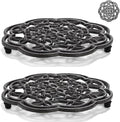 2 Pack Cast Iron Trivet Heavy Duty, 7.7 inch Round Metal Trivet for Hot Pans or Teapot, Rustproof Pot Stands Holders with Rubber Pegs for Countertop, Dining Table, Kitchen Farmhouse Decoration