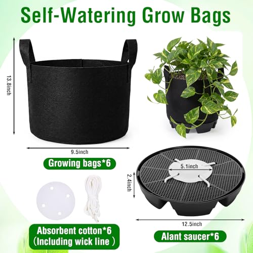 6 Set 5 Gallon Grow Bag Self Watering Fabric Pot Base Automatic Watering System Plant Nonwoven Grow Bag Handle Plant Saucer Elevate Flower Tray for Garden Indoor Outdoor Greenhouse (Black) - view 2