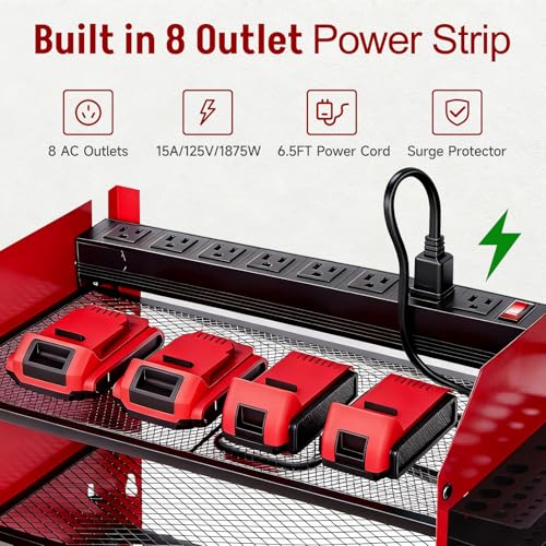 Power Tool Organizer Wall Mount with Charging Station, Heavy Duty 3 Layers Tool Storage Rack with 4 Cordless Drill Holder, Battery Holder with 8 Power Strip, Ideal for Garage, Warehouse, Workshop - view 2