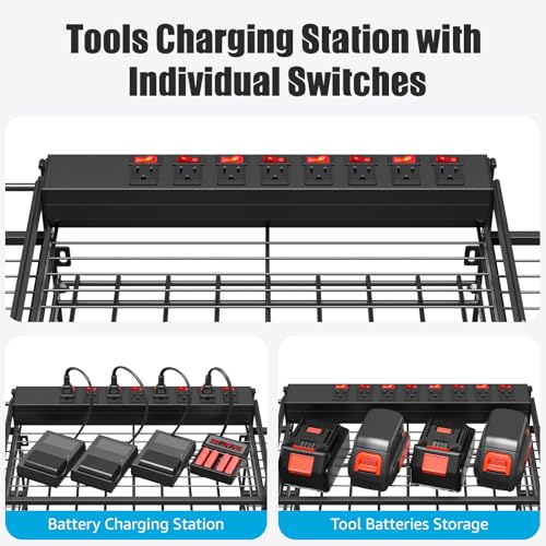 Black Power Tool Organizer Wall Mount, Large Tools and Battery Storage Rack Charging Station Individual Switches. Drills Holder, Garage Utility Shelves with 6FT Power Strip. Gift for Men. - view 2