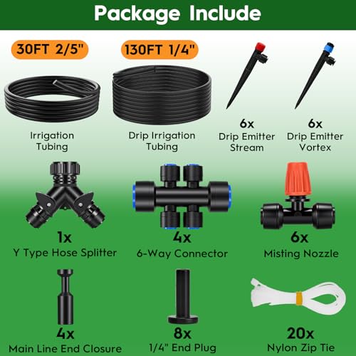 160FT Quick-Connect Drip Irrigation System 30FT 2/5" & 130FT 1/4" Tubing, Drip Irrigation Kit with Adjustable Nozzles, Automatic Garden Watering System - view 7