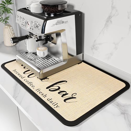 Coffee Mat - Dish Drying Mat for Kitchen Counter, Hide Stain, Absorbent with Waterproof Rubber Backing, Fit Kitchen Dish Rack Bar Accessories (Coffee Bar, 19" x 12")