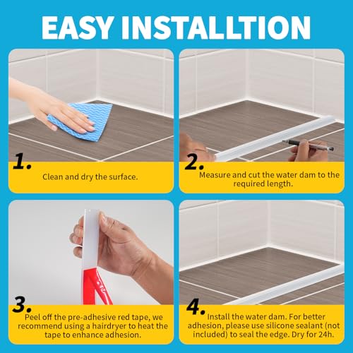 Collapsible Shower Water Dam Self-Adhesive Silicone Water Stopper Barrier Keeps Water Inside Threshold Dry and Wet Separation Retention System Suitable for Bathroom (39 Inch, Transparent) - view 6
