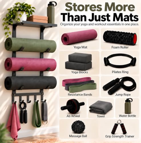 Home Gym Equipment Organizer, Yoga Mat Holder Wall Mount, Yoga Mat Storage Rack with Floating Shelf, 4 Tier Workout Equipment Storage for Foam Roller, Yoga Blocks, Resistance Bands Gym Accessories - view 5