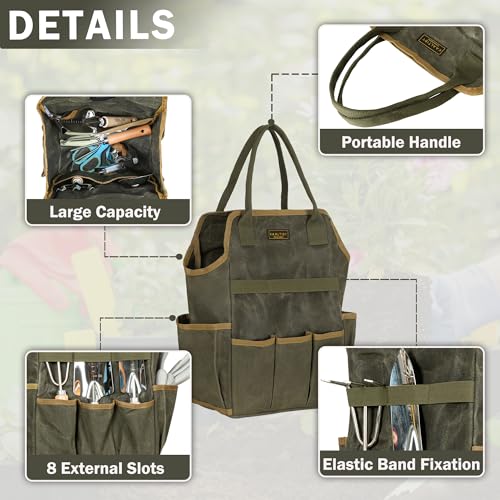Tool Bag, Heavy Duty 16oz Waxed Canvas Garden Tool Tote - with 3 Inner Slots & 8 Outer Pockets, Multi-Purpose Gardening Tool Storage Bag for Gardener Florist Workshop - Army Green - view 4