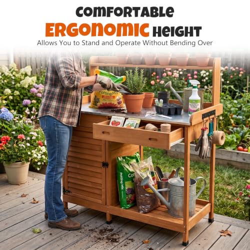 Outdoor Potting Bench with Metal Top, Sliding Drawer & Storage Shelves - view 6