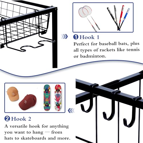 Sports Equipment Organizer, Ball Storage Rack with Elastic Straps and Removable Basket for Garage Organization, Garage Organizer with Hooks for Toy Sports Gear Storage, Sports Ball Storage Cart, Black - view 2